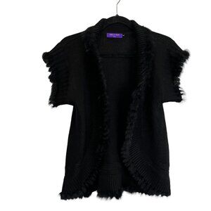 Emilio Pepe Black Short Sleeve Fringe Fur Open Front Cardigan Knit Sweater Sz S